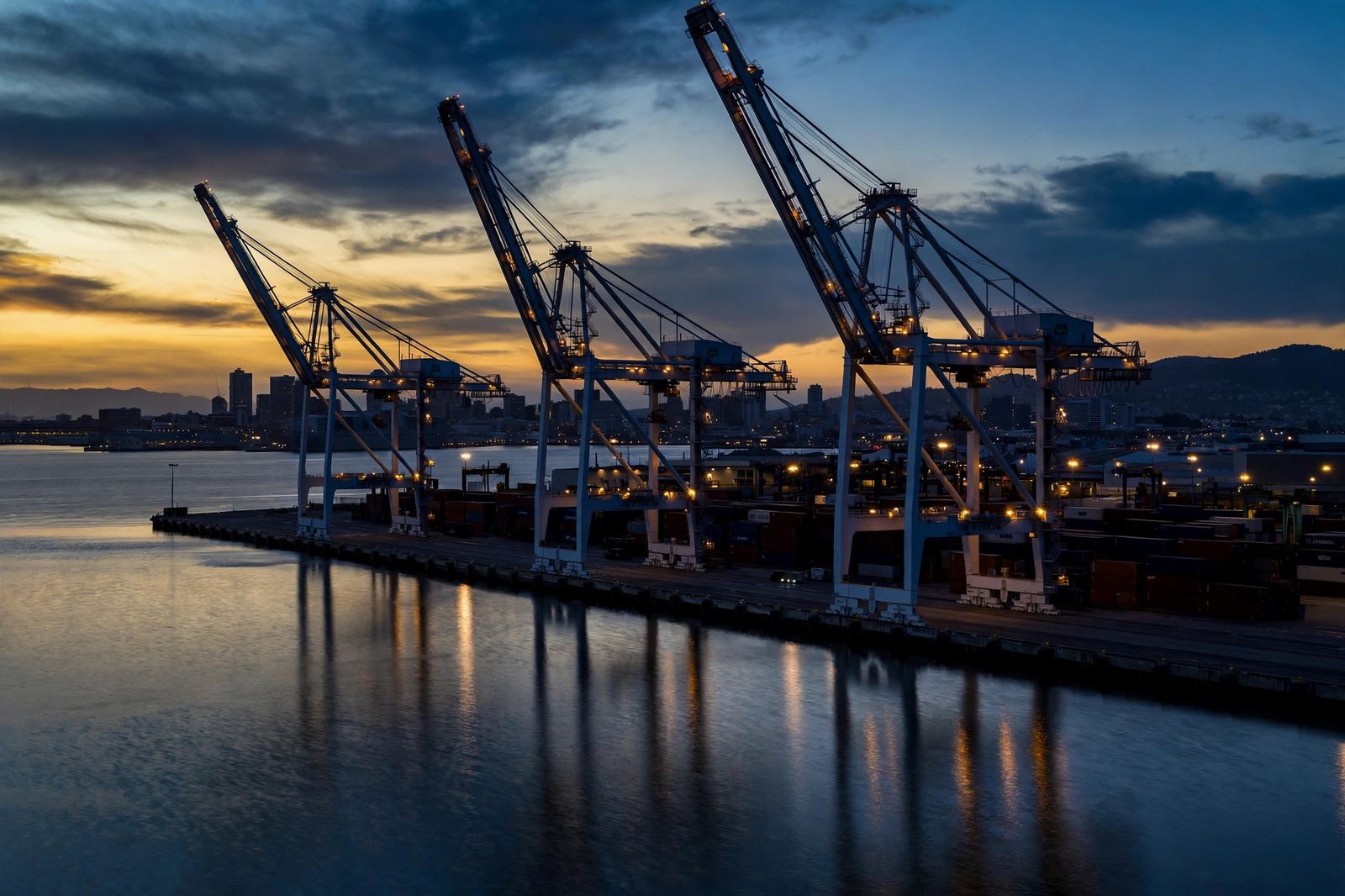 Port of Oakland container cranes at dusk