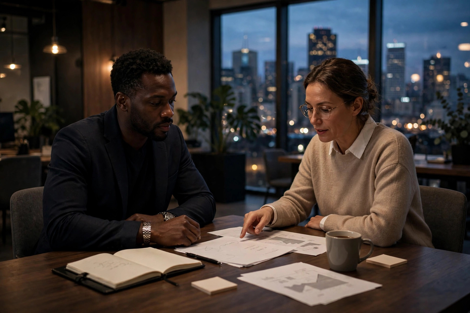 One-on-one business advisory session in a dark executive office