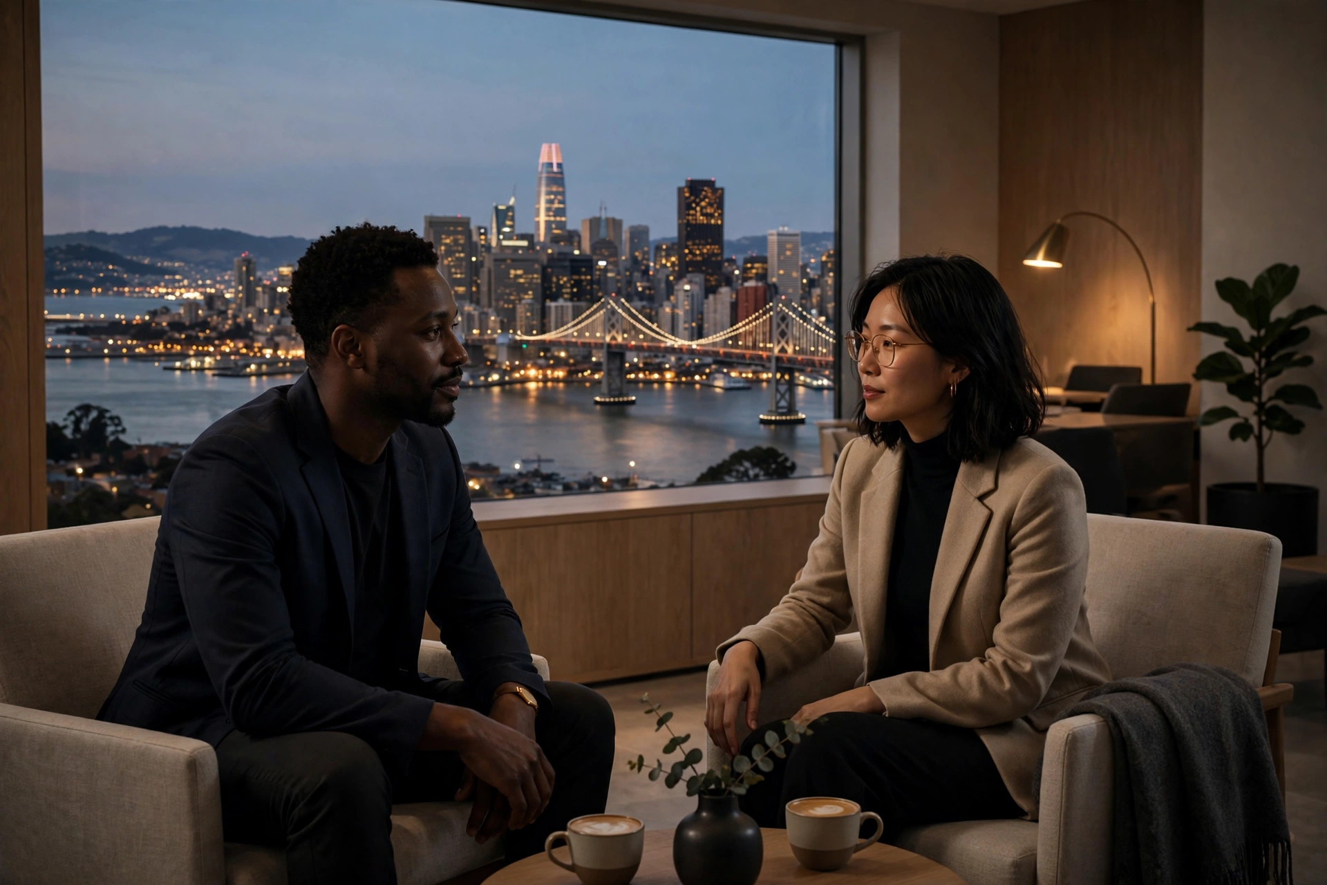 Calm one-on-one clarity conversation by a window