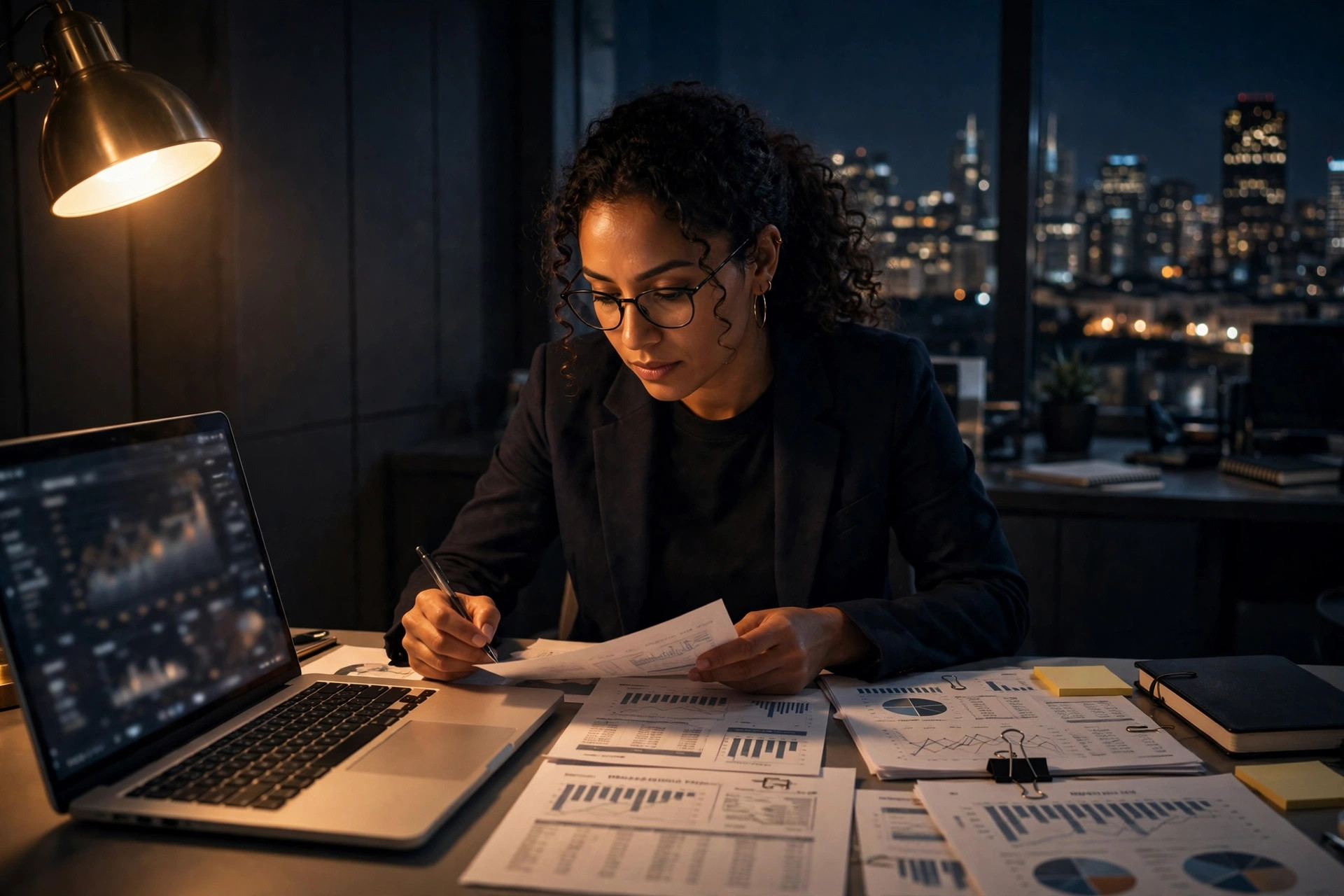 Desk with financial documents under a brass lamp
